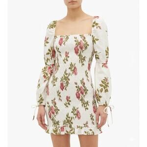 Reformation Linen Dress Floral Mini Size M Bohemian Long Sleeves Hilary Smocked